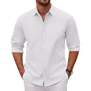 Men's Long Sleeve Casual Button-Down Shirt - Untucked Summer Beach Wedding Style